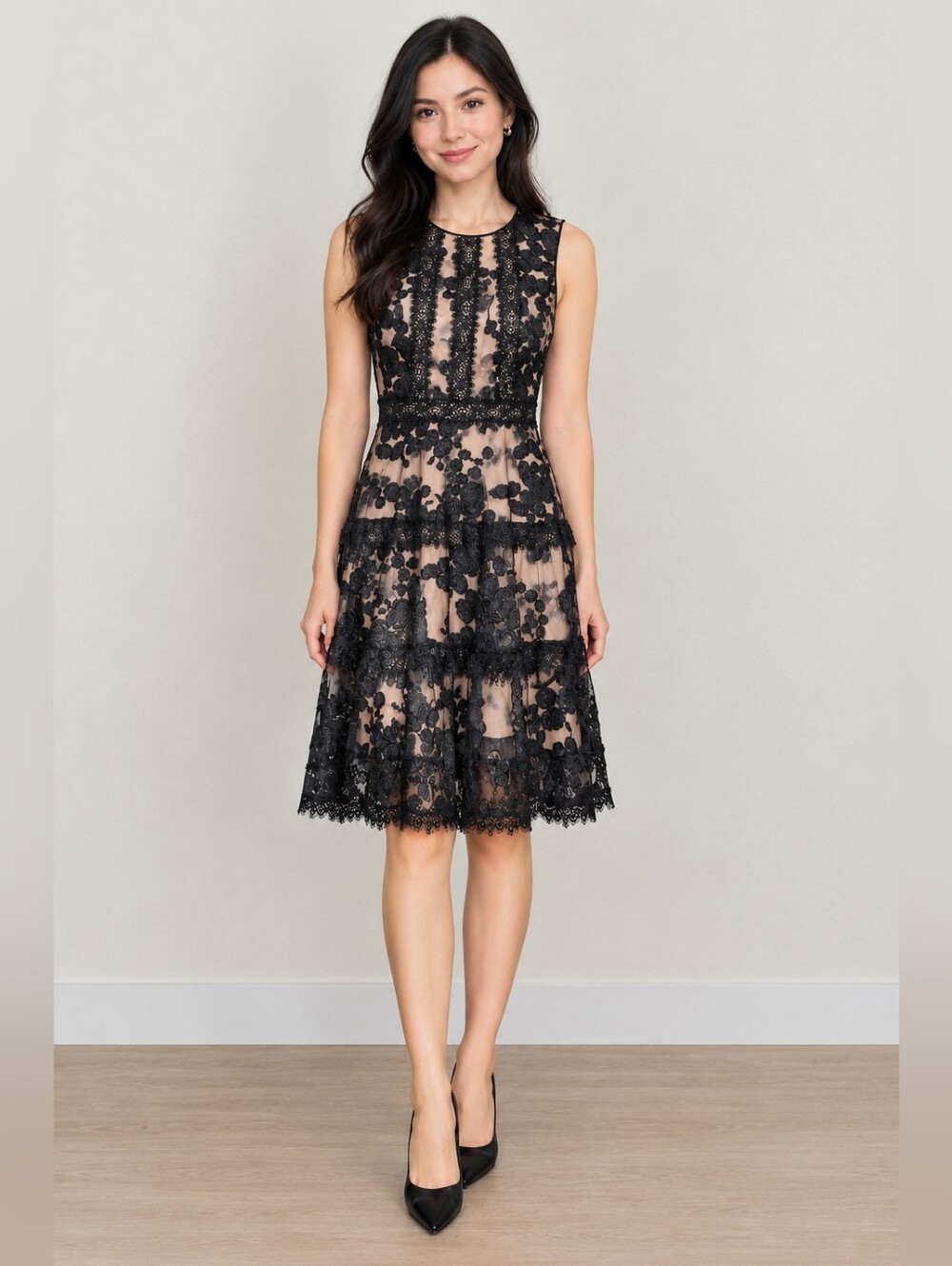 Ever New Melbourne Black & Nude Lace Tiered Dress Size 4